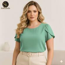 Women's Plus Size Blouse, Short Sleeve, Elegant – Plain Duna Fabric, Social GG, G1, G2, G3, Summer, Work - 薄荷綠 - 查看 11