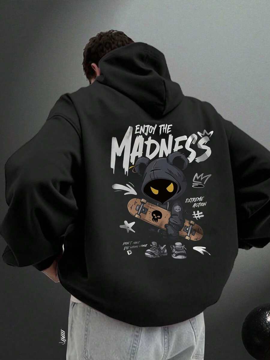 朋克熊男式滑板酷小子印花连帽衫，配有抽绳口袋设计 - 黑色 - 查看 1