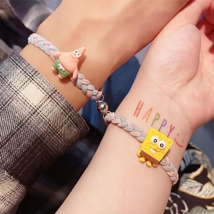1 Pair SpongeBob Squarepants Couple Bracelets - Cute Cartoon Magnetic Bracelet, Magnetic Rubber Band Bracelet, Girlfriend/Boyfriend Gift, Unisex
