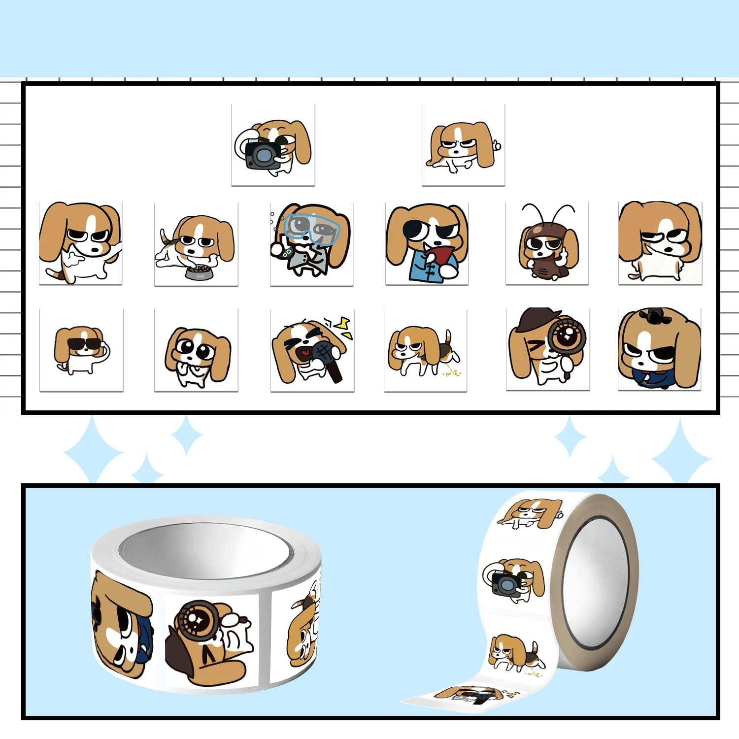 500 szt./rolka naklejek Beagle, winylowych naklejek Beagle, odpowiednich do butelek z wodą, laptopów, walizek, telefonów komórkowych, prezentów na imprezy i do kolekcjonowania przez nastolatków - Wielokolorowe - Zobacz 1