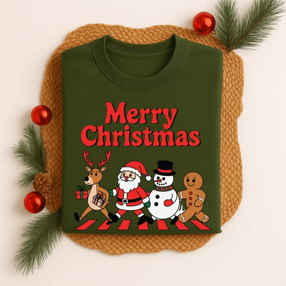 Unisex Cotton T-Shirt Printed Christmas Pedestrian Stripe 543 Men's Blouse Women's Round Neck T-Shirt Premium Fabric Christmas Theme - 軍綠色 - 查看 1