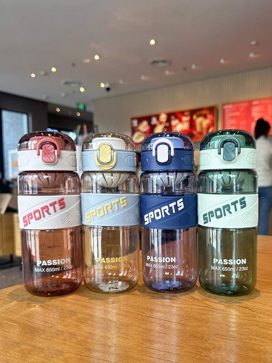 1 pieza Botella de agua portátil de plástico de 650ml, botella de agua deportiva moderna y transparente para exteriores, útiles escolares