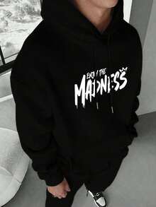 朋克熊男式滑板酷小子印花连帽衫，配有抽绳口袋设计 - 黑色 - 查看 2