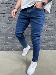 Men's Stretchy Skinny Solid Color American Casual Jeans - Blue - View 3
