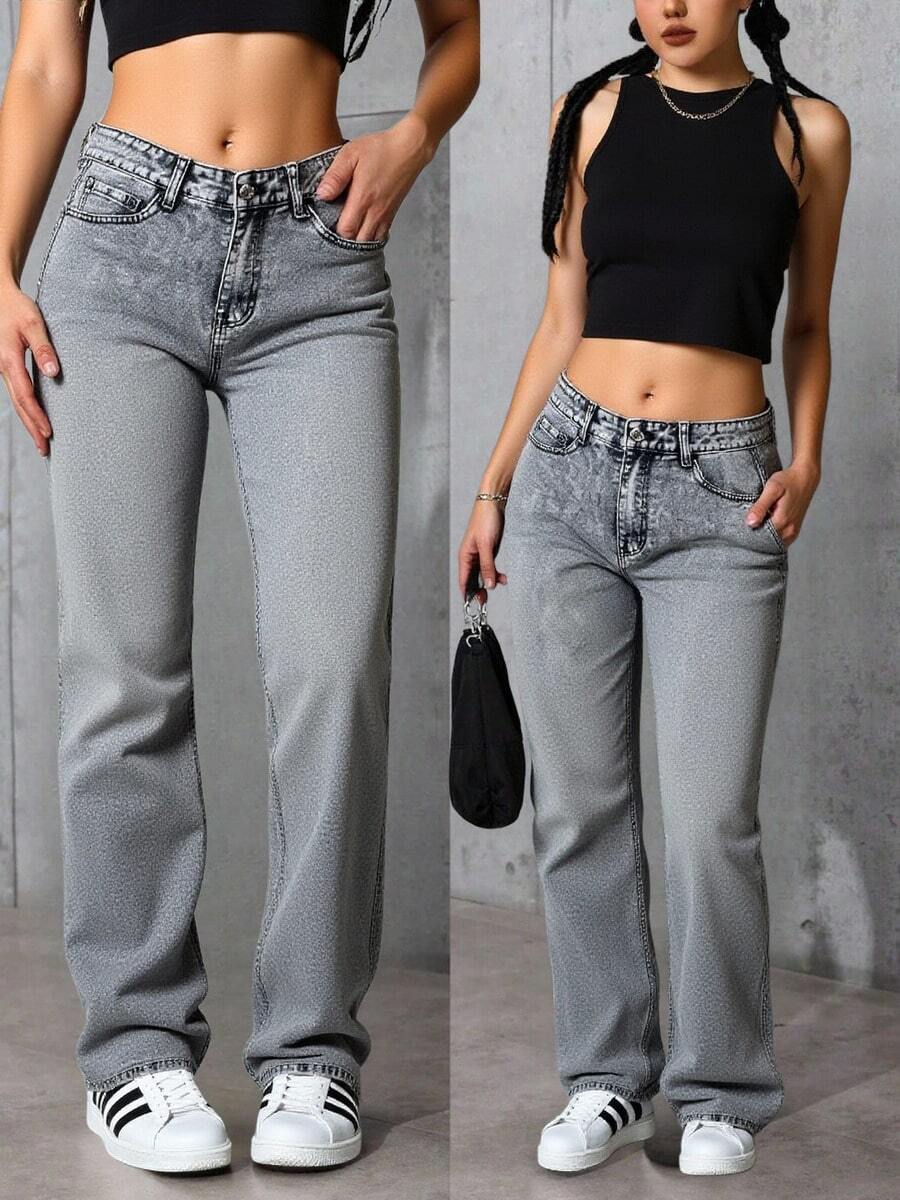 Pantalones Vaqueros de Mujer de Pierna Ancha - Diseño de Alta Cintura, Vaqueros que Favorecen la Silueta, Comodidad Sin Restricciones, Material Suave y Transpirable, Estilo Versátil para Ocasiones Diarias y Retro, Acabado Detallado con Costuras Elegantes - Gris - Ver 1