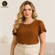 Women's Plus Size Blouse, Short Sleeve, Elegant – Plain Duna Fabric, Social GG, G1, G2, G3, Summer, Work - 駝色 - 查看 12