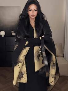 1pc Retro Chinese Style Ginkgo Leaf Pattern Fashion Shawl/Scarf For Women, Autumn/Winter - Multicolor - View 5