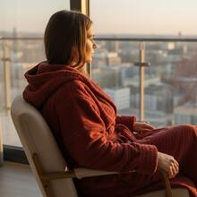 Áo choàng tắm nữ mềm mại, áo choàng tắm nam có mũ trùm đầu vải bông Terry, áo choàng tắm hơi, Unisex, áo choàng tắm hơi nữ có thắt lưng dài S/M - L/XL Trang trí phòng tắm gia đình mùa hè - trái cam - Xem 5