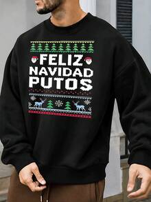 Sudadera de algodón puro con cuello redondo para hombre, suéter navideño feo festivo con estampado gráfico de Feliz Navidad, Papá Noel, reno, copo de nieve, acogedor, de manga larga, para vacaciones - Negro - Ver 1