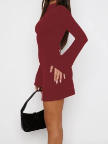 Váy dài tay cổ lọ xẻ tà thời trang nữ Onicee, mùa thu - Màu Đỏ Sâu - Xem 4