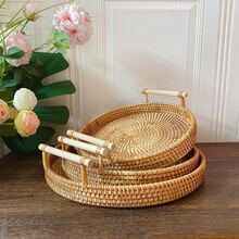 1 件圆形藤条储物托盘带手柄，日式面包和糕点托盘，珠宝和化妆品展示整理托盘 - 黃色 - 查看 5