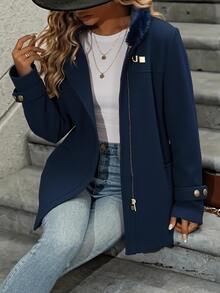 Abrigo de mujer de algodón con cuello de peluche - Chaqueta térmica, diseño vintage y ajustado, versátil y elegante, con prácticos bolsillos, disponible en varios colores. - azul real - Ver 3