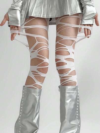 1 pieza Medias rotas y sexys para mujer, pantalones ajustados con estilo "Baddie" Y2K, medias con cordones punk