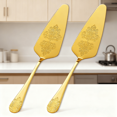 Conjunto de 2 cortadores de bolo com flores duplas, cortador de pizza de aço inoxidável de alta qualidade, utensílios de confeitaria requintados adequados para casamento/Natal/Ação de Graças/Aniversário/Inauguração de casa, polimento espelhado, máquina de lavar louça