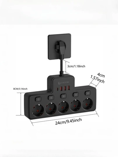 1pc European Standard Wall Socket With Switch, 5 AC Outlets And 4 USB Ports (Including 1 Type-C), Max Power 2500W, Suitable For Home, Bedroom, Office, Living Room And Other Spaces, Large Size Design