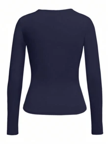 Damska koszulka z długim rękawem i okrągłym dekoltem, dopasowana, prosta, seksowna i urocza bluzka w stylu Y2K - Granatowy - Zobacz 2