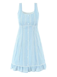 Women's  Plaid Square Neck Sleeveless  Tie Back Fake Button-Front Ruffled Slim Fit Dress For Vacation  Daily - Blue - View 5