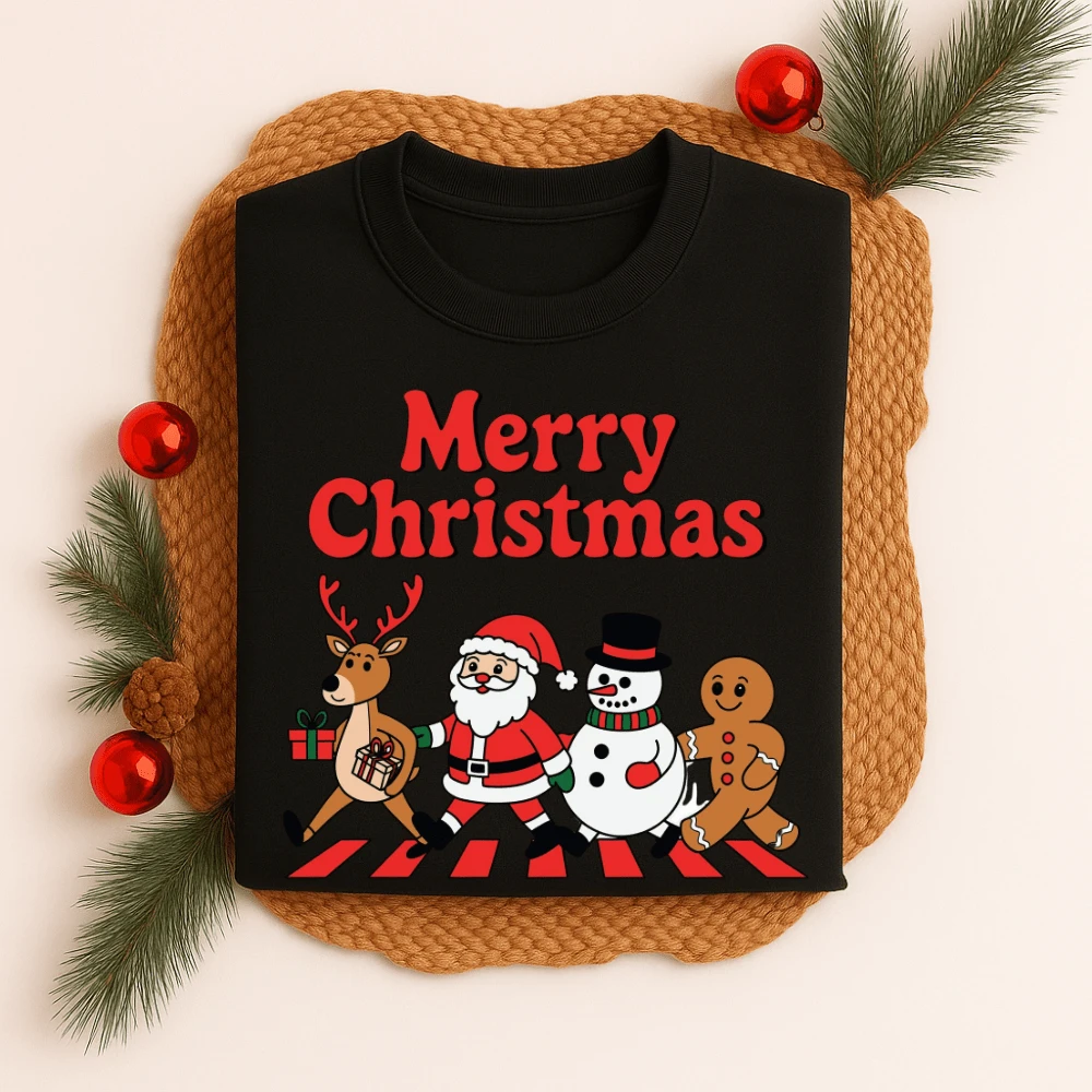 Unisex Cotton T-Shirt Printed Christmas Pedestrian Stripe 543 Men's Blouse Women's Round Neck T-Shirt Premium Fabric Christmas Theme - 黑色 - 查看 1