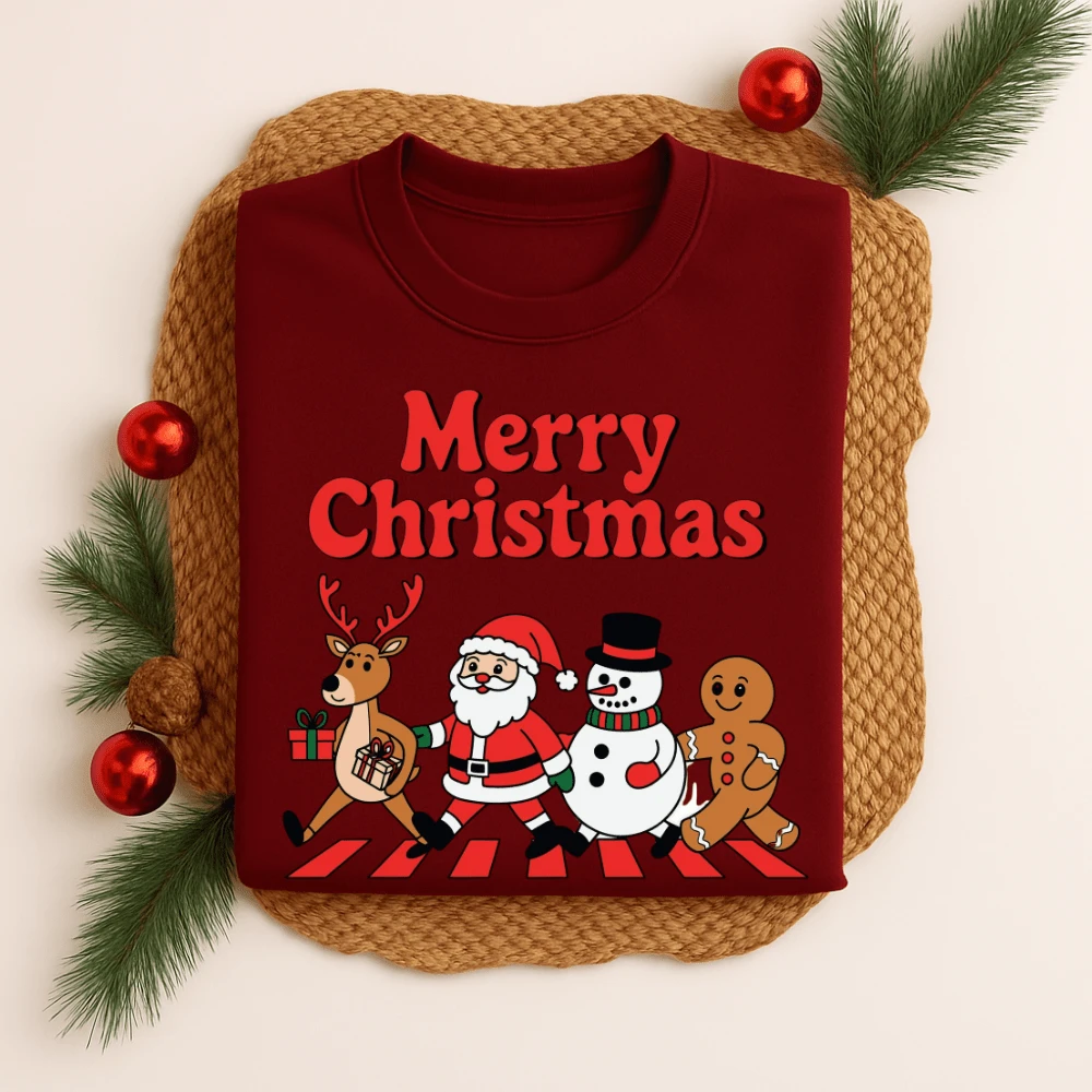 Unisex Cotton T-Shirt Printed Christmas Pedestrian Stripe 543 Men's Blouse Women's Round Neck T-Shirt Premium Fabric Christmas Theme - 勃根地 - 查看 1