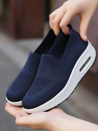 Solid Color Women's Breathable Mesh Casual Sneakers, Women's Tennis Shoes, Women's Slope Heel Thick Sole Sneakers, Suitable For Shopping, Indoor, Travel, Fitness, Dog Walking, Daily Commuting, Outdoor Activities.