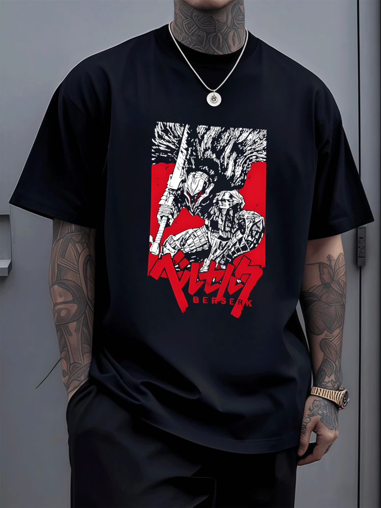 Camiseta de hombre con diseño original Guerrero con armadura y espada en estilo gráfico rojo y blanco.Confort y estilo únicos. - Negro - Añade 6