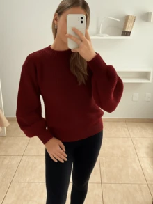 WOMEN'S KNIT SWEATER Puffed Sleeve Knitted Fang Modern Sophisticated - Redwood - View 3