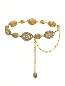 Cross-Border European And American Fashion Ladies' Mirror Leisure Decoration Waist Belt, Jasper Ruby Waist Chain Combination Metal Chain, Bohemian Zinc Alloy Vintage Punk Style Hollow Flower Waist Chain For Women, Fashionable Retro Waist Cincher, Suitable For Spring, Summer, Autumn And Winter - Old Gold - View 8