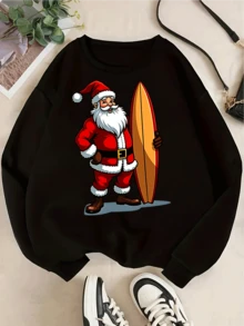 Sudadera con estampado gráfico de Santa Claus para mujer, jersey de cuello redondo con temática navideña, top playero festivo, atuendo navideño cómodo y elegante para mujer. - Negro - Ver 2
