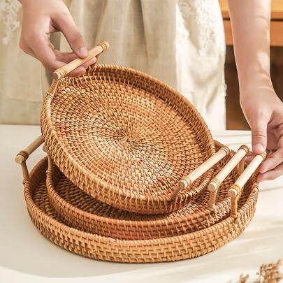 1pc Round Rattan Storage Tray With Handle, Japanese Style Bread & Pastry Serving Tray, Jewelry & Cosmetic Display Organizer Tray