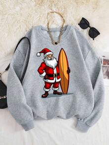 Sudadera con estampado gráfico de Santa Claus para mujer, jersey de cuello redondo con temática navideña, top playero festivo, atuendo navideño cómodo y elegante para mujer. - Gris - Ver 2