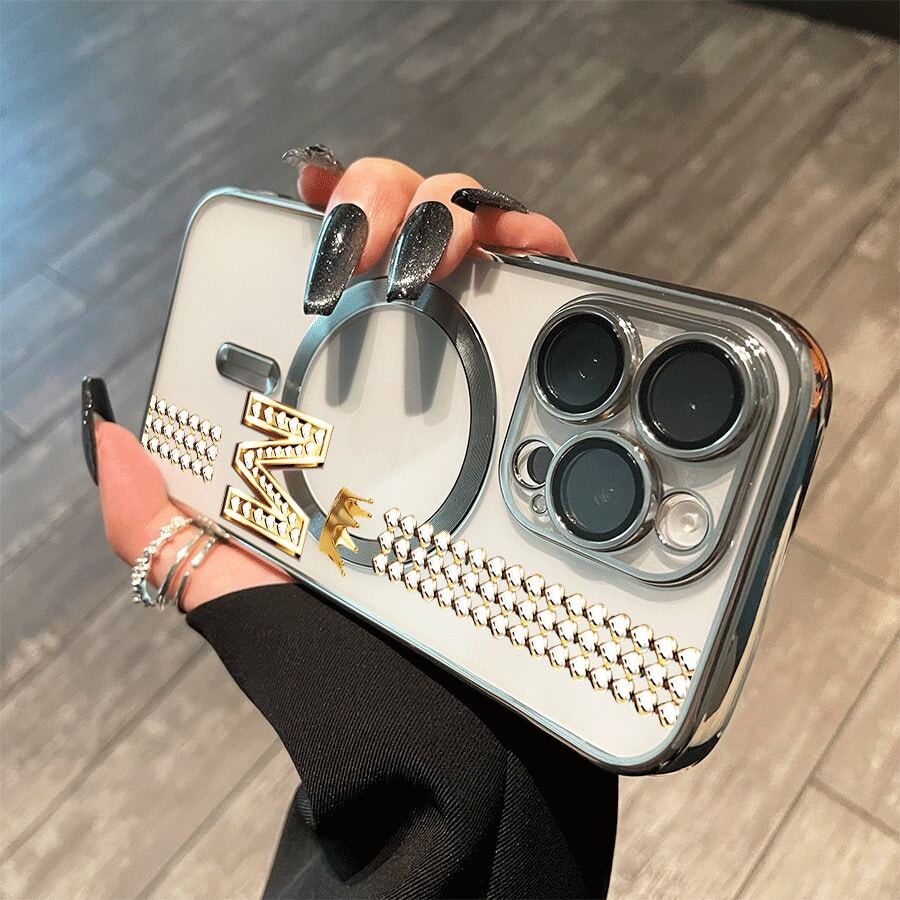 Teléfono con lente magnética y acabado electrochapado, diseño "Tiara rugosa". Compatible con carga inalámbrica magnética y compatible con phone 16 Pro Max, 16, 15 Pro, 14, 14 Plus/14 Pro Max, 13, 13 Pro, 12 Pro, 11/11 Pro y la serie Pro. Es un excelente teléfono para amigos, cumpleaños y festividades. - Plateado - Ver 1