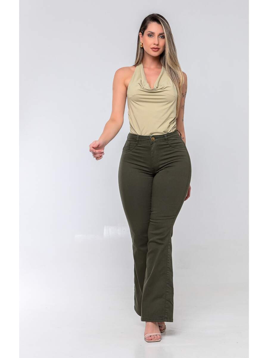 Faraya Jeans Women's Flare Jeans In Beige/Khaki/Brown/Black, Super Comfortable, High Waist With Lycra - 綠色 - 查看 1