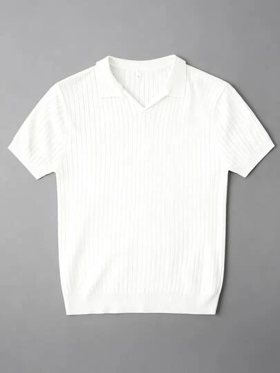 GRDR Men's Loose Thin Ribbed Polo Collar Knit Shirt, Short Sleeve, Summer