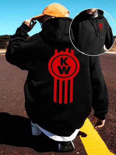 Men's Graphic Hoodie With Red KW Logo Print,Casual Pullover Sweatshirt For Style And Comfort
