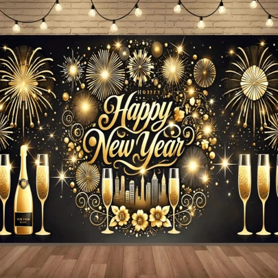 1pc New Year Celebration Banner, Made Of Polyester Material, With Golden Fireworks And Champagne Background Pictures, Suitable For Indoor And Outdoor Decoration, Festival Decoration, New Year Party Decoration, Photography Background Decoration. Happy New Year