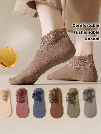 6 双柔软保暖女士蕾丝边防滑踝袜 | 多色可选，产后睡眠袜，室内舒适，时尚，贴身保暖