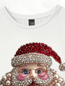 Camiseta estampada mujer cuello redondo y mangas cortas, uso casual diario tshirts para mujeres Santa Claus Navidad - Blanco - Ver 4