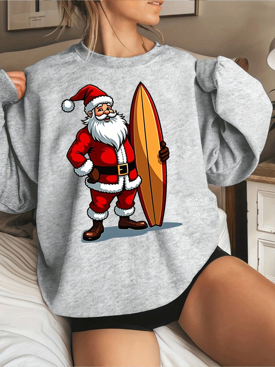 Sudadera con estampado gráfico de Santa Claus para mujer, jersey de cuello redondo con temática navideña, top playero festivo, atuendo navideño cómodo y elegante para mujer. - Gris - Ver 1