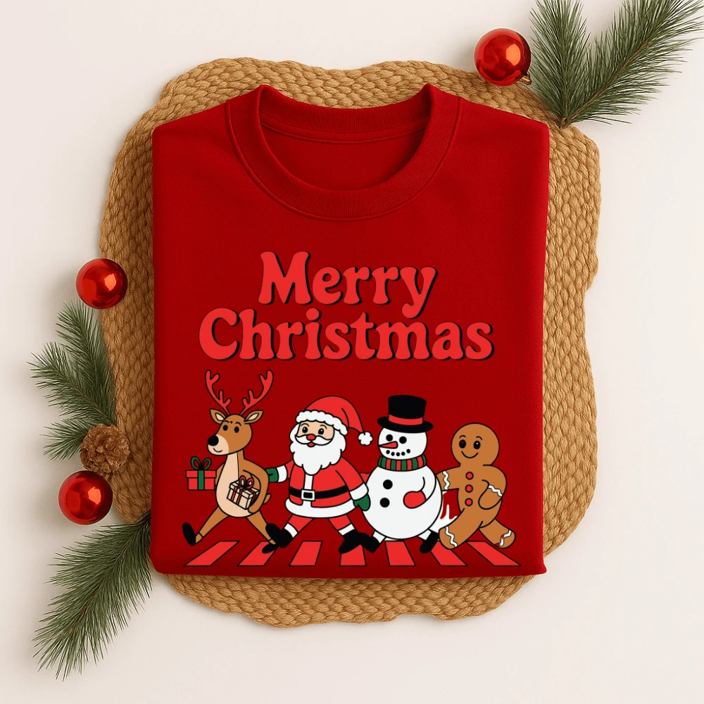 Camiseta Algodão Unissex Estampada Faixa Pedestre Natal 543 Blusa Masculina T-shirt Feminina Gola Redonda Tecido Premium Tema Natal - Vermelho - Visão 1