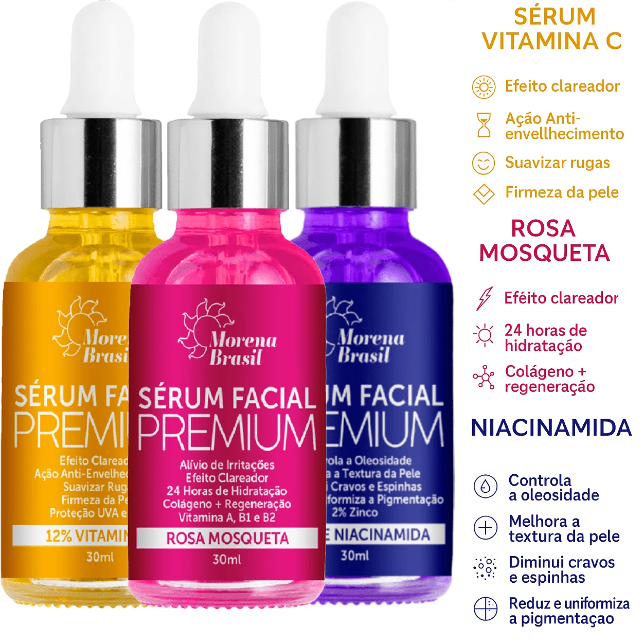 Kit Sérum Premium Morena Brasil - Vitamina C + Niacinamida + Rosa Mosqueta - SkinCare Perfeita Para Sua Pele