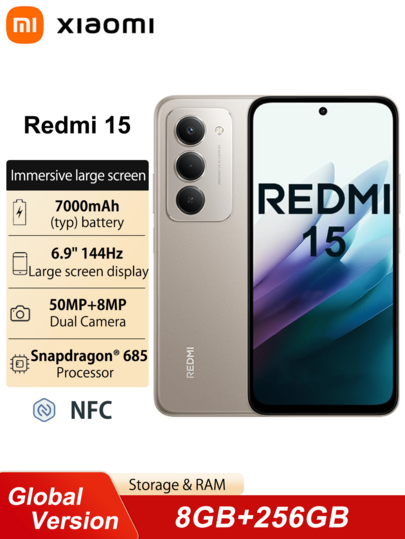 Xiaomi Smartfon Redmi 15 8+256G Wersja globalna Wciągający wyświetlacz FHD+ o przekątnej 6,9 cala System podwójnego aparatu AI 50 MP Ogromna bateria 7000 mAh Szybkie ładowanie 33 W Platforma mobilna Snapdragon® 685