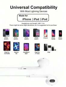 Wired Earphones With Lightning Connector, Compatible With IPhone, Built-In Remote Control For Music, Call And Volume, In-Ear Wired Headphones - Lightning Port, Hands-Free Calling, Suitable For EarPods 14/13/12/11/XR/XS/X/8/7/SE/Pro/Pro Max (Bluetooth Connection Required), Christmas/Home Gift