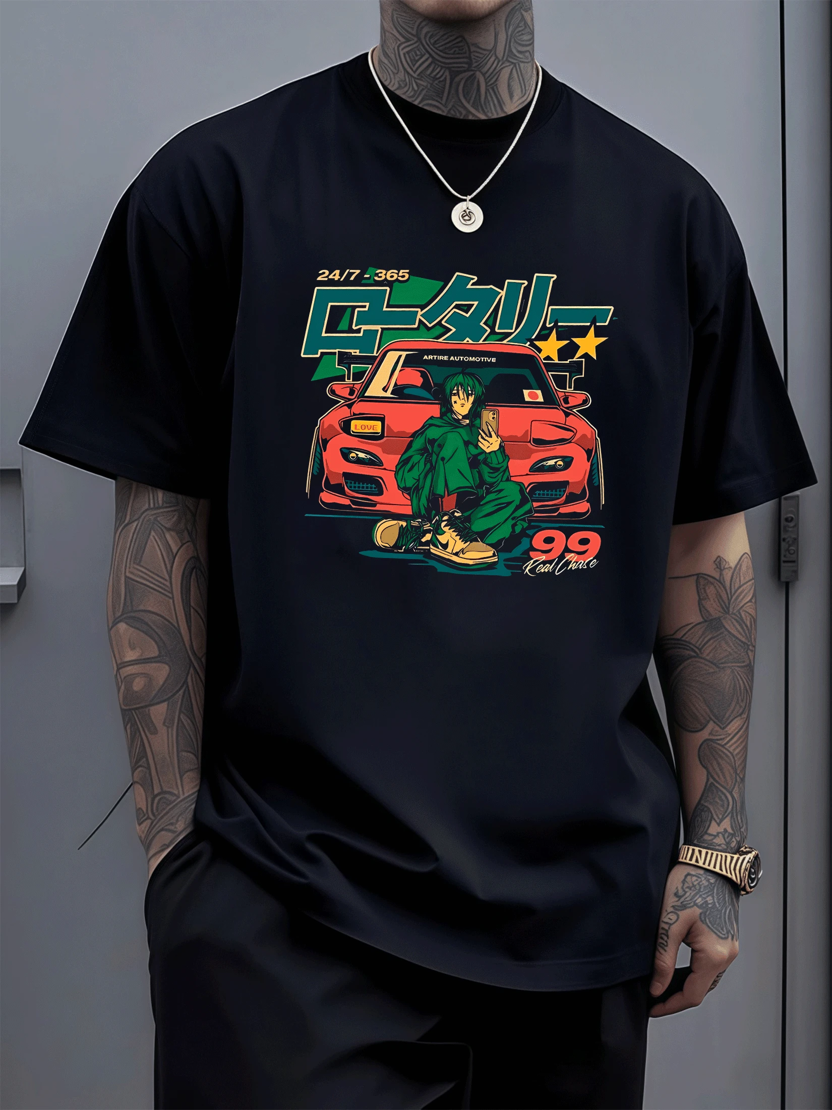 Camiseta de hombre con diseño de coche deportivo y figura urbana,estilo casual y moderno ¡Ideal para amantes del motor y la moda urbana! - Negro - Ver 1