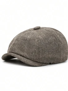 1pc Men's Newsboy Cap Herringbone Wool Knit Beanie Hat, Flat Cap Style - Multicolor - View 7
