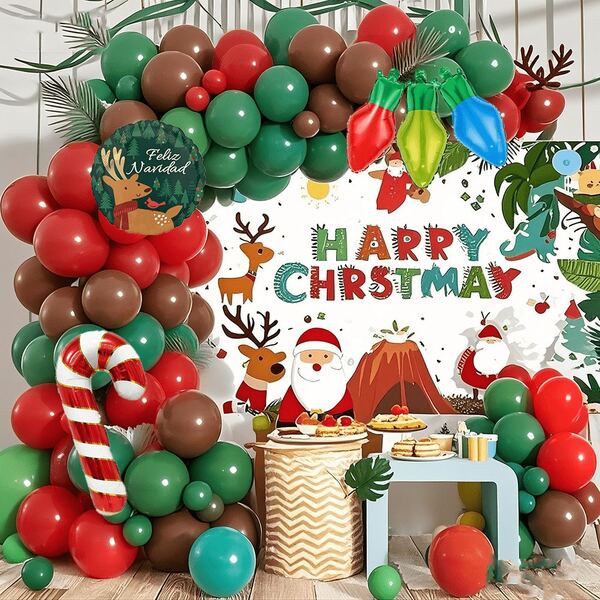 143pcs Christmas Party Balloon Wreath Arch Kit, 10/5-Inch Red, Brown, Green Latex Balloons With Crutches, Red, Blue, Green Light Bulb Aluminum Foil Balloons, Suitable For Christmas Party Decorations