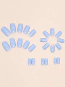 1套浅蓝色亚克力美甲胶水套装，短方形，24片纯色短棺材形亚克力美甲贴片及美甲胶水美甲用品 - 彩色 - 查看 3