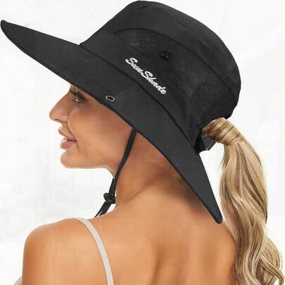 Women's Summer Sun-Hat Ponytail For Outdoor - UV-Protection Mesh Wide Brim Foldable Hat W/Ponytail Hole (Black, 7 1/4)