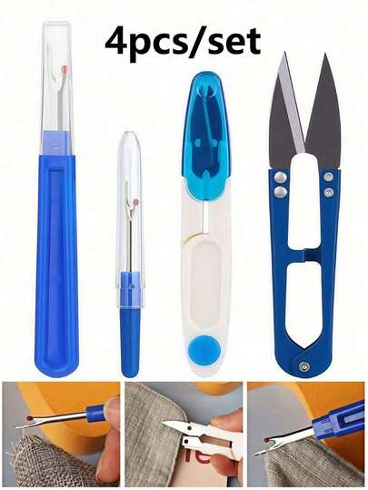 4 件套不锈钢拆线器套装，包括彩色拆线器、拆线器和剪线剪刀，适用于缝纫、时装设计师、裁缝和家庭必备缝纫工具