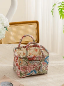 1 件花卉印花绗缝收纳篮大容量便携式中型收纳袋可折叠零食篮带手柄适用于女士和女孩化妆品收纳篮玩具收纳篮护肤品收纳篮女士化妆品收纳多功能收纳篮化妆品收纳盒家居装饰客厅卧室装饰浴室装饰，生日礼物圣诞礼物 - 彩色 - 查看 7