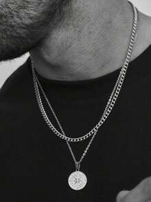 2 Pieces Fashion Stainless Steel Necklace Compass Pendant Double Chain Suitable For Valentine's Day Party Daily Matching Gift